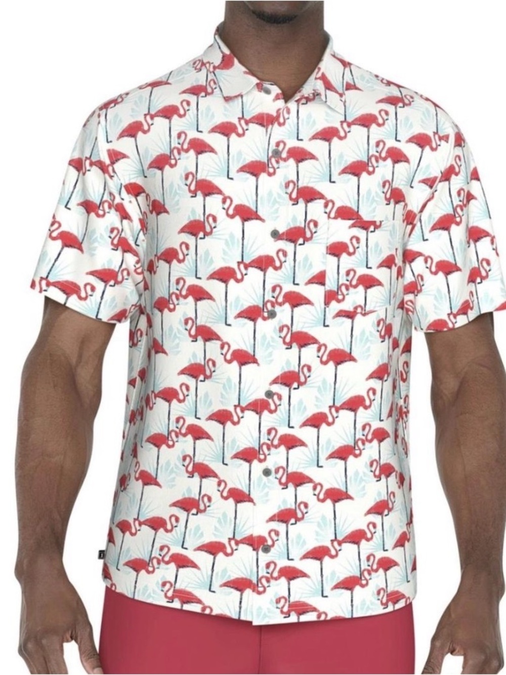 PGA Tour White Short-Sleeve Button-Down Shirt with Pink Flamingo Print S NWT